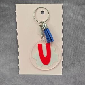 Letter Keychain Clear Silver Circle Handmade Acrylic Tassel‎ Flower U Blue